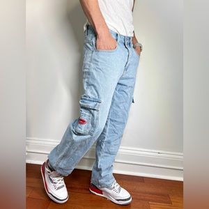 Men Embroidery Flap Pockets Cargo Jeans Size Small (36)